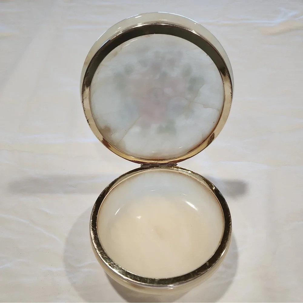 Vintage Alabaster Floral Powder Vanity Jar Hinged Lid Italy No Marks EUC